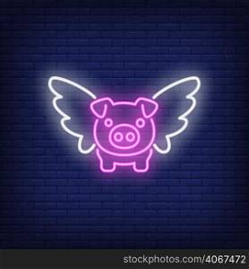 Flying pig cartoon character. Neon sign element. Night bright advertisement. Vector illustration for restaurant, cafe, diner, menu, advertising design