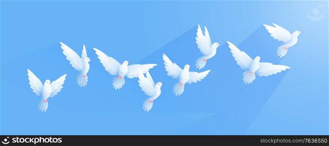 Flying pigeons flat composition with flock of birds with white wings on clear blue sky background vector illustration