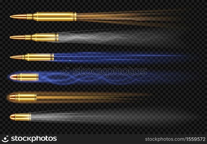 Flying pistol bullets with smoke and fire traces. Shooting gun slugs, military handgun shoot trails in motion, weapon metal shots, ammo isolated on transparent background, realistic 3d vector set. Flying pistol bullets with smoke and fire traces
