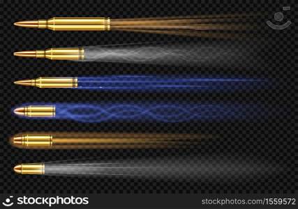Flying pistol bullets with smoke and fire traces. Shooting gun slugs, military handgun shoot trails in motion, weapon metal shots, ammo isolated on transparent background, realistic 3d vector set. Flying pistol bullets with smoke and fire traces