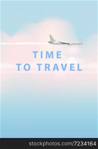 Flying plane and cloud on blue sky background. Concept design template of time to travel. Flying plane and cloud on blue sky background. Concept design template of time to travel. Vector illustration in cartoon style, banner, poster, isolated, illustration