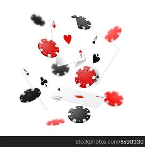Flying poker cards and chips, casino gambling game. Realistic 3d vector jack pot, falling red and black round pieces. Big win online casino bets, internet gamble or vegas club playing recreation. Flying poker cards and chips, casino gambling game