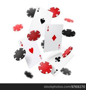 Flying poker cards and chips. Casino gambling game. Vector with four aces and round pieces falling down on white background. 3d poker cards for online casino bet, win, jackpot, gambling games. Flying poker cards and chips. Casino gambling game