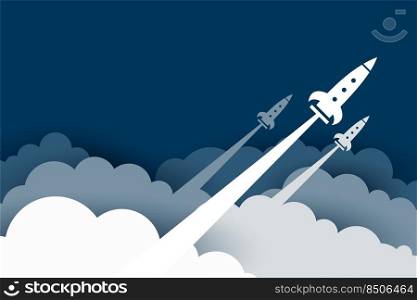 flying rocket over the clouds in papercut style