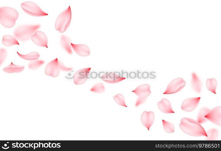 Flying sakura vector background. Pink flower petals of cherry blossom falling down or flying on the wind. Romantic floral background of realistic japanese sakura tree spring blossom flying through air. Flying sakura vector background. Pink cherry petal