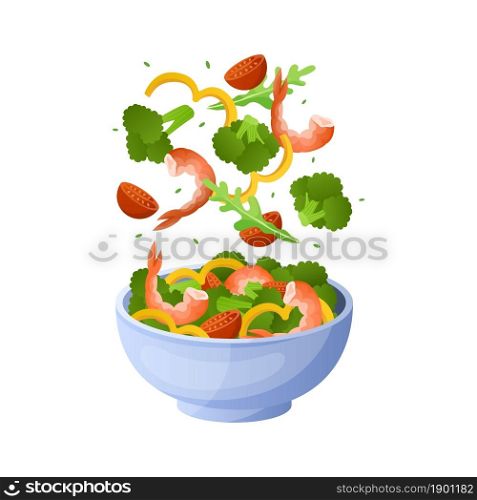 Flying salad. Cartoon bowl with healthy organic ingredients. Green arugula leaves, tomato slices and shrimps. Cutting vegetable pieces falling in plate. Vector vegetarian diet breakfast menu element. Flying salad. Cartoon bowl with healthy organic ingredients. Green arugula leaves, tomato slices and shrimps. Vegetable pieces falling in plate. Vector vegetarian diet breakfast menu