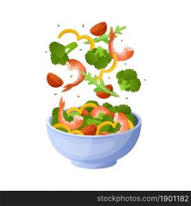 Flying salad. Cartoon bowl with healthy organic ingredients. Green arugula leaves, tomato slices and shrimps. Cutting vegetable pieces falling in plate. Vector vegetarian diet breakfast menu element. Flying salad. Cartoon bowl with healthy organic ingredients. Green arugula leaves, tomato slices and shrimps. Vegetable pieces falling in plate. Vector vegetarian diet breakfast menu