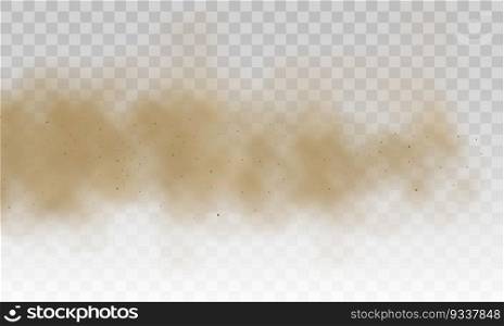 Flying sand. Brown dusty cloud or dry sand flying with a gust of wind, sandstorm. Dust cloud. Scattering trail on track from fast movement. Brown smoke realistic texture vector illustration.. Flying cloud sand.
