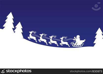Flying Santa with Reindeer over Christmas Night Forest Blue Sky Banner, Stock Vector Illustration