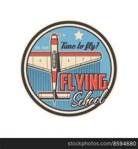 Flying school icon with retro plane or airplane. Vector round badge with vintage propeller biplane flying in blue sky, pilot school, aircraft or aviation academy and flight training design. Flying school icon with retro plane or airplane