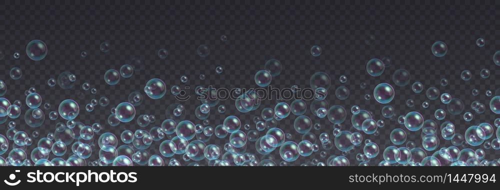 Flying soap bubbles background. Abstract floating shampoo, bath lather isolated on a transparent backdrop. Realistic suds vector illustration.. Flying soap bubbles background. Abstract floating shampoo, bath lather.