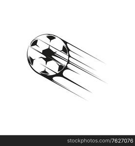 Flying soccer ball isolated football in motion. Vector movement of ball through net. Soccer or football ball flying in motion isolated