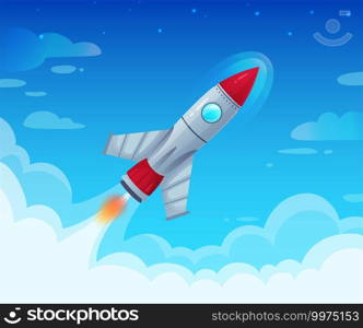 Flying spaceship with flame. Launching new business project or startup idea. Fast speed rocket flight in sky with clouds, futuristic exploration and technology progress vector illustration. Flying spaceship with flame. Launching new business project or startup idea. Fast speed rocket flight in sky