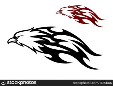 Flying speeding eagle icon with a cruel sharp beak trailing flames behind it in two color variants, black and red, vector illustration. Flying eagle trailing flames