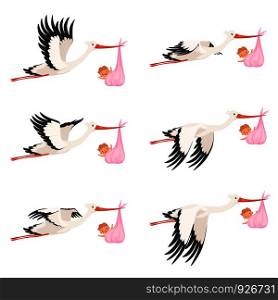 Flying stork frame animation. Bird delivery newborn baby carry vector cartoon characters isolated. Illustration of bird stork with newborn, child delivery. Flying stork frame animation. Bird delivery newborn baby carry vector cartoon characters isolated