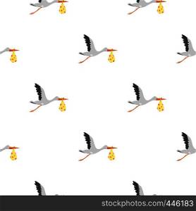 Flying stork with a bundle pattern seamless background in flat style repeat vector illustration. Flying stork with a bundle pattern seamless