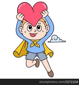 flying superhero boy carrying valentine heart