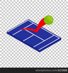 Flying tennis ball on a blue court isometric icon 3d on a transparent background vector illustration. Flying tennis ball on a blue court isometric icon