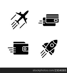 Flying transport black glyph icons set on white space. Digital payment. Money transfer. Launch rocket. Dynamic movement. Silhouette symbols. Solid pictogram pack. Vector isolated illustration. Flying transport black glyph icons set on white space