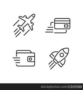 Flying transport pixel perfect linear icons set. Digital payment. Money transfer. Launch rocket. Customizable thin line symbols. Isolated vector outline illustrations. Editable stroke. Flying transport pixel perfect linear icons set