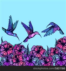 Flying tropical stylized hummingbirds with flowers background. Flying tropical stylized hummingbirds with flowers background.