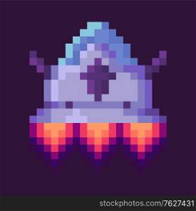 Flying ufo or space-rocket, power element of space pixel game, galaxy ship with shuttle, pixelated spaceship with fire, cosmic vehicle invader vector, pixelated cosmic object for mobile app games. Spaceship of Pixel Space Game, Cosmic War Vector