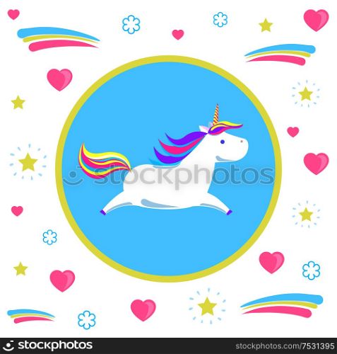 Flying unicorn from dreams, pattern in circle. Legend, mysterious horse surrounded by hearts and dots. Childish animal character with rainbow mane vector. Flying Unicorn from Dream Pattern in Circle Vector