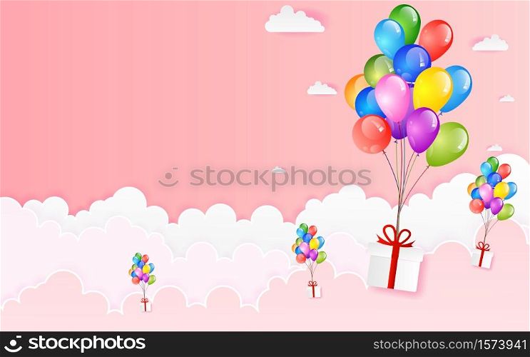 Flying vector festive balloons shiny with glossy balloons for holiday countryside on sky