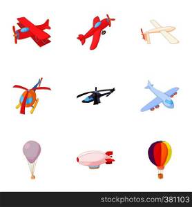 Flying vehicles icons set. Cartoon illustration of 9 flying vehicles vector icons for web. Flying vehicles icons set, cartoon style