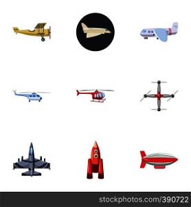 Flying vehicles icons set. Cartoon illustration of 9 flying vehicles vector icons for web. Flying vehicles icons set, cartoon style