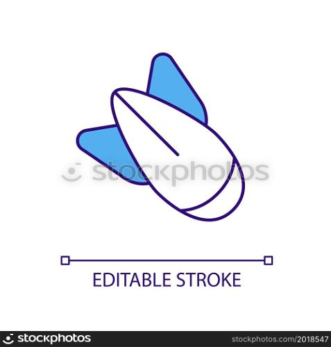Flying warhead RGB color icon. Atomic bombings. Nuclear weapons. Atomic bomb. Destructive and explosive device. Isolated vector illustration. Simple filled line drawing. Editable stroke. Flying warhead RGB color icon