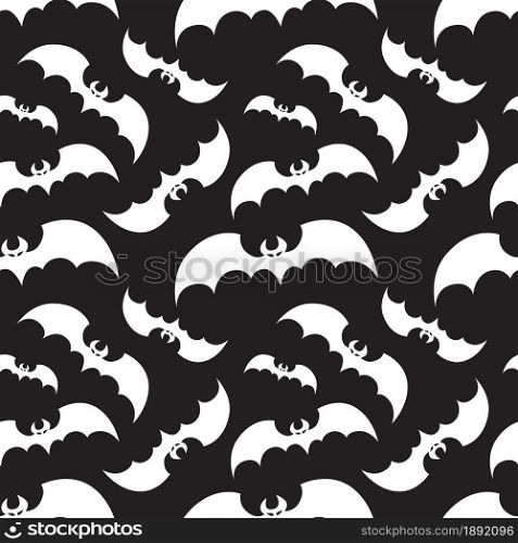 Flying white bats on black background for Halloween greetings. Seamless pattern. Vector illustration.
