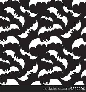 Flying white bats on black background for Halloween greetings. Seamless pattern. Vector illustration.