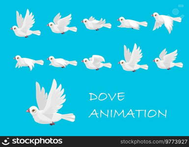 Flying white dove motion animation. Cartoon bird fly in sky action stages, cute white dove character, animal movement vector sequence or funny pigeon personage animation frames. Flying white dove, pigeon bird motion animation