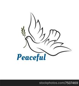 Flying white dove with an olive branch in its beak above the word Peaceful - in blue text. Flying white dove with olive branch