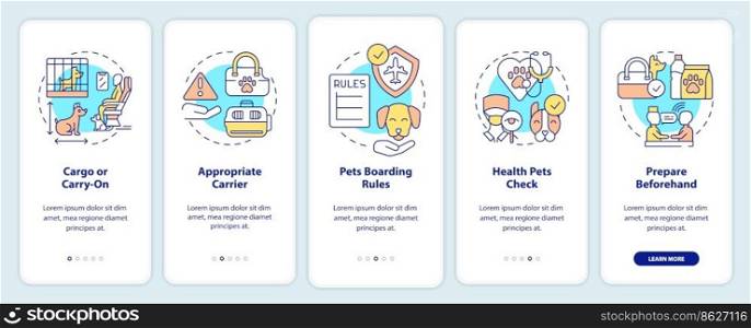 Flying with pets onboarding mobile app screen. Transport animal abroad walkthrough 5 steps editable graphic instructions with linear concepts. UI, UX, GUI template. Myriad Pro-Bold, Regular fonts used. Flying with pets onboarding mobile app screen