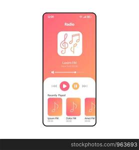 FM radio app smartphone interface vector template. Mobile page coral design layout. Online music listening screen. Flat UI for application with audio playlist. MP3 player widget. Phone display