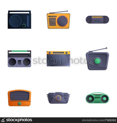 Fm radio icon set. Cartoon set of 9 fm radio vector icons for web design isolated on white background. Fm radio icon set, cartoon style