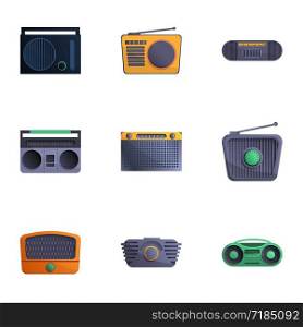 Fm radio icon set. Cartoon set of 9 fm radio vector icons for web design isolated on white background. Fm radio icon set, cartoon style
