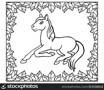 Foal. Little horse in a frame of leaves - a vector linear picture for coloring. Outline. Baby horse for children s coloring book.