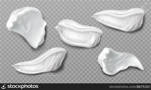 Foam cream swatches isolated on transparent background. Vector realistic smears set of white froth cosmetics, shaving gel or creme. Smudges of mousse, beauty product for face or body care. White cosmetic foam cream swatches