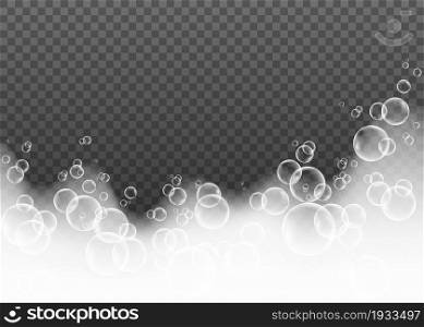 Foam effect with soap bubbles isolated on transparent background. Vector suds texture.
