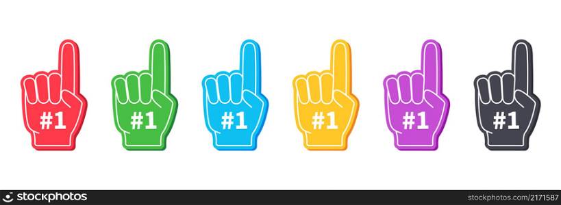 Foam fingers. 1 number on foam fingers. Hand glove with one number on finger. Icon for fan, sport, cheer, best and team. Support symbol. Isolated logo. Vector.