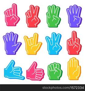 Foam fingers. Sports fan hand with different gesture. Numbers, ok sign and fist, open palm. Stadium team support victory souvenir vector set. Cheering favorite sport team, thumb up and rude sign. Foam fingers. Sports fan hand with different gesture. Numbers, ok sign and fist, open palm. Stadium team support victory souvenir vector set