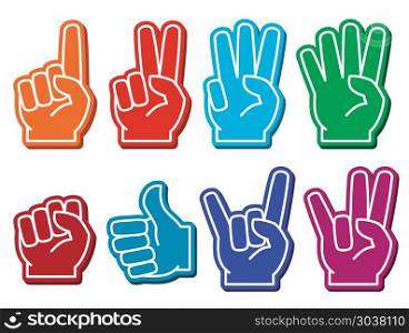 Foam fingers vector set. Foam fingers vector set. Gesture victory and souvenir accessory illustration