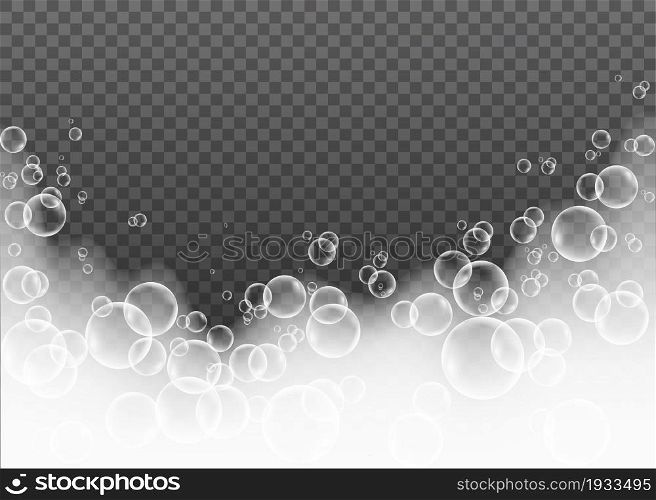 Foam isolated on transparent background. Soap or shampoo bubbles realistic texture. Vector suds effect.