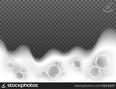Foam isolated on transparent background. White soap or shampoo bubbles realistic texture. Vector suds effect.