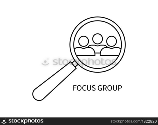Focus group. Icon of people with magnify glass. Human with research and target. Focus team for business. Search audience for market. Symbol of customer and company. Logo of management. Vector.. Focus group. Icon of people with magnify glass. Human with research and target. Focus team for business. Search audience for market. Symbol of customer and company. Logo of management. Vector