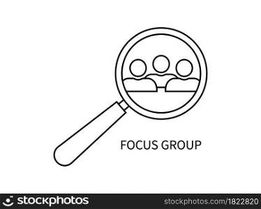 Focus group. Icon of people with magnify glass. Human with research and target. Focus team for business. Search audience for market. Symbol of customer and company. Logo of management. Vector.. Focus group. Icon of people with magnify glass. Human with research and target. Focus team for business. Search audience for market. Symbol of customer and company. Logo of management. Vector