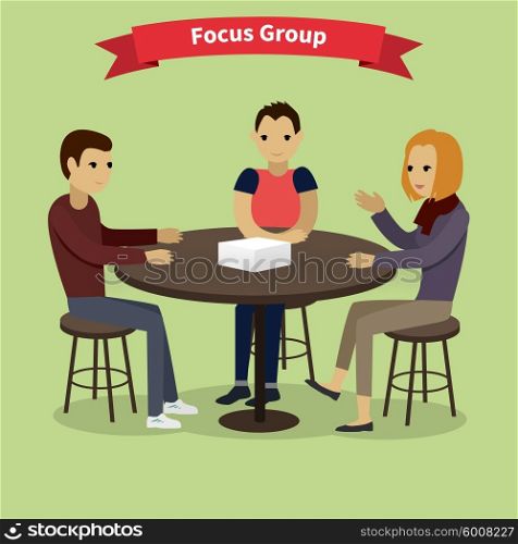 Focus group target audience at aim. Market research, focus, group discussion, survey, research, focus concept, interview. Group of people sitting at the table. Focus group concept. Focus group team